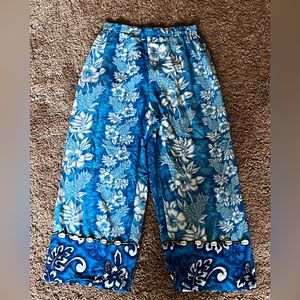 Surya blue + white tropical capri vacation pants cowry shell embellishment